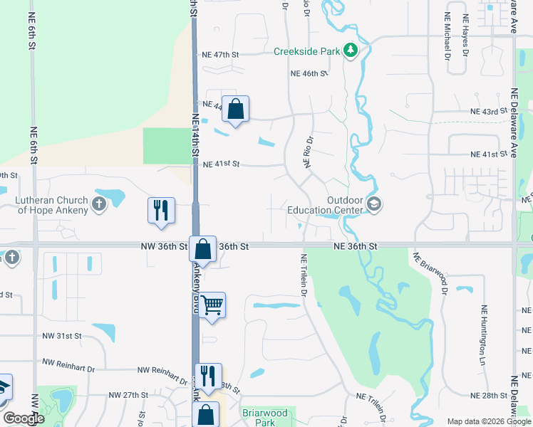 map of restaurants, bars, coffee shops, grocery stores, and more near 3807 Northeast Marissa Lane in Ankeny