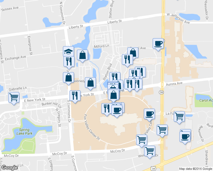 map of restaurants, bars, coffee shops, grocery stores, and more near 4210 East New York Street in Aurora