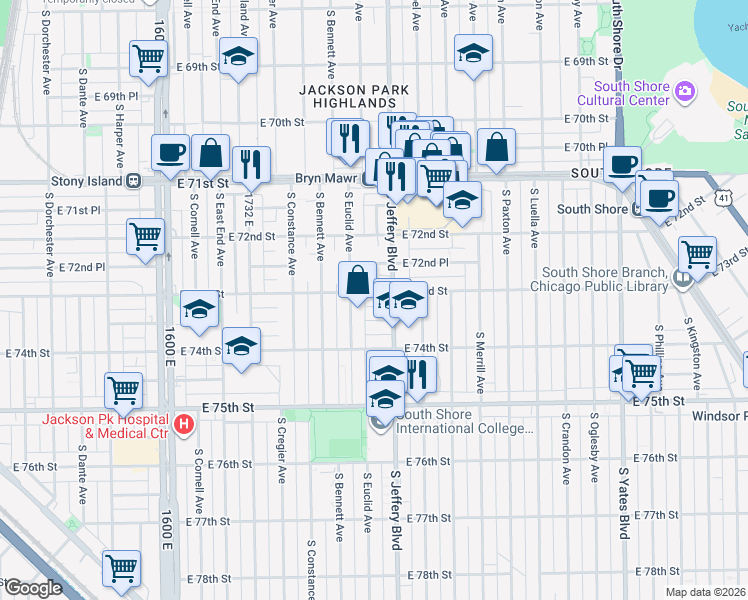 map of restaurants, bars, coffee shops, grocery stores, and more near 1957 East 73rd Street in Chicago