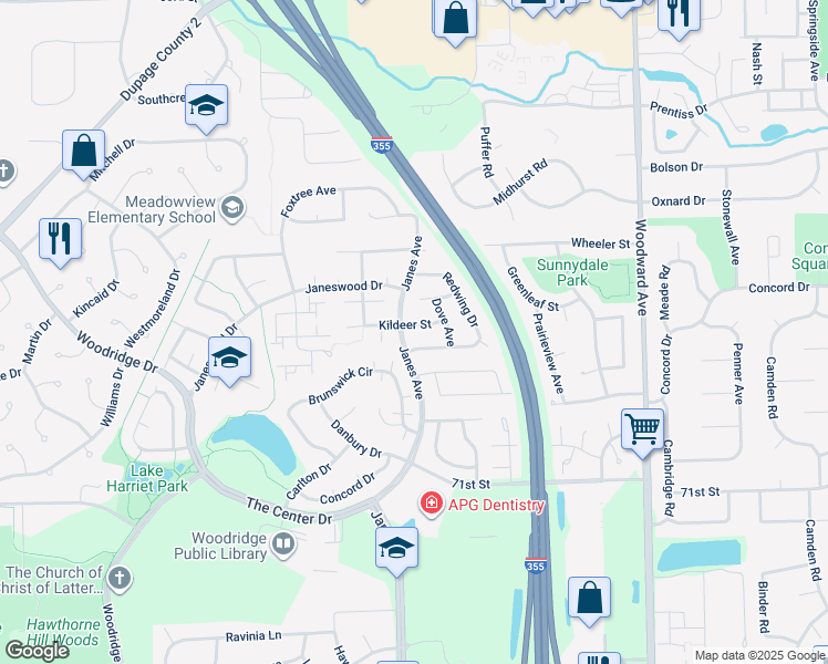 map of restaurants, bars, coffee shops, grocery stores, and more near 2395 Kildeer Street in Woodridge