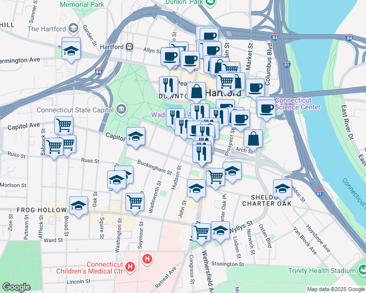 map of restaurants, bars, coffee shops, grocery stores, and more near 55 Elm Street in Hartford