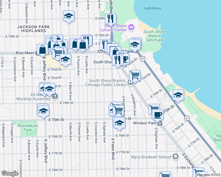 map of restaurants, bars, coffee shops, grocery stores, and more near 7306 South Yates Boulevard in Chicago