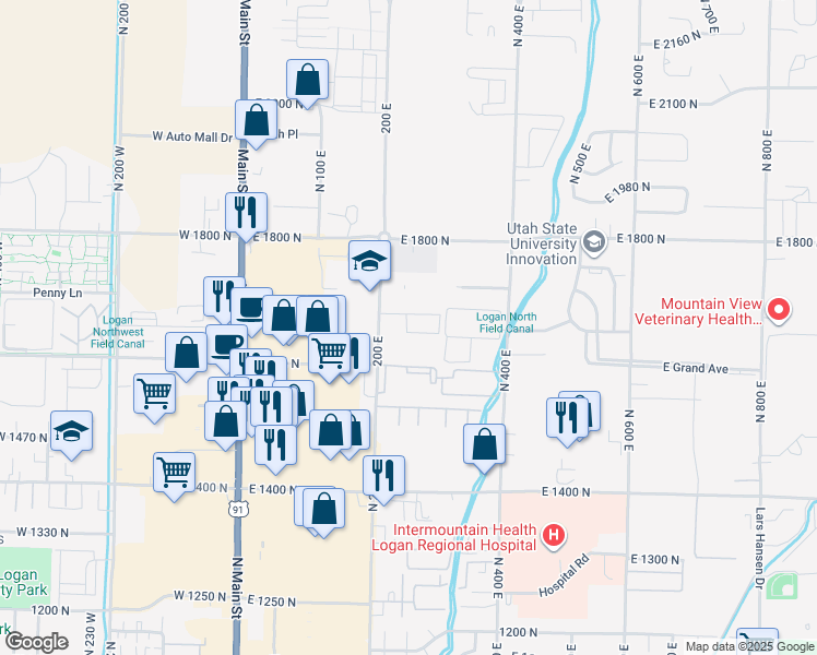 map of restaurants, bars, coffee shops, grocery stores, and more near 251 East 1630 North in North Logan