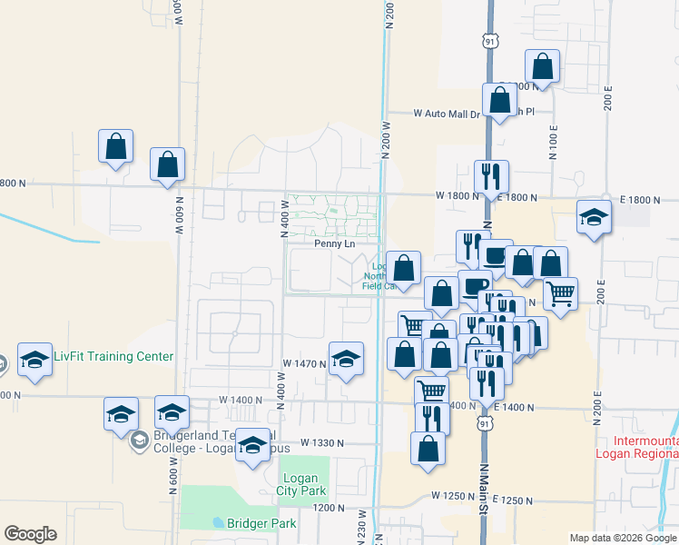 map of restaurants, bars, coffee shops, grocery stores, and more near 251 West 1600 North in Logan
