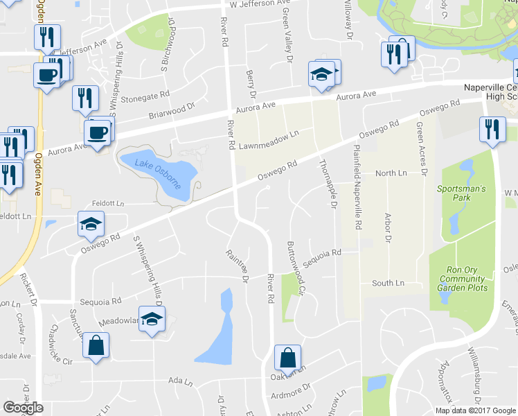 map of restaurants, bars, coffee shops, grocery stores, and more near 1317 Jasmine Court in Naperville