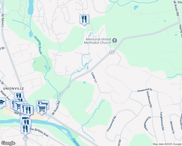 map of restaurants, bars, coffee shops, grocery stores, and more near 146 West Avon Road in Farmington