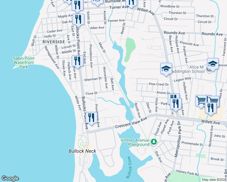 map of restaurants, bars, coffee shops, grocery stores, and more near Cove St & Bell Ave in East Providence