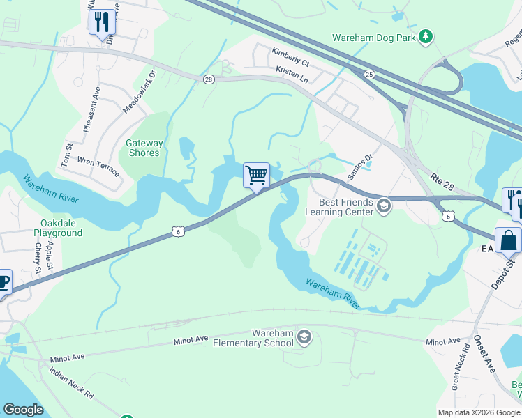 map of restaurants, bars, coffee shops, grocery stores, and more near 172 Sandwich Road in Wareham