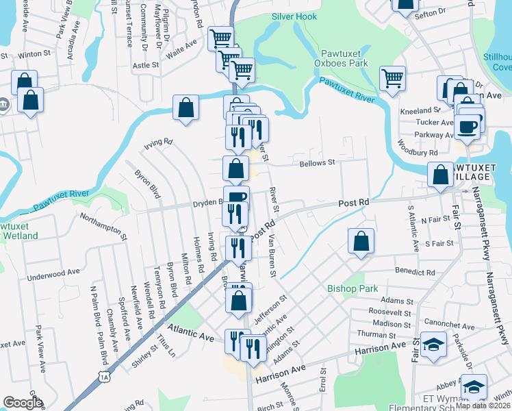 map of restaurants, bars, coffee shops, grocery stores, and more near 484 Warwick Avenue in Warwick