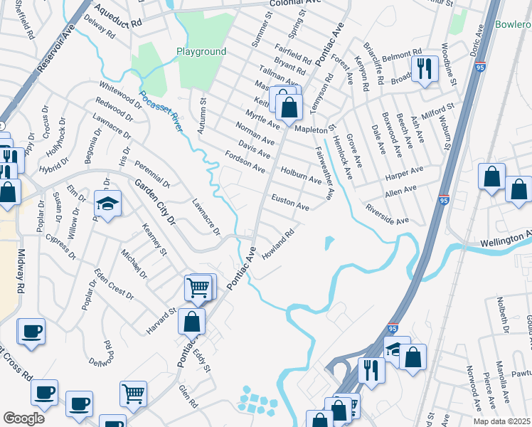 map of restaurants, bars, coffee shops, grocery stores, and more near 3 Euston Avenue in Cranston