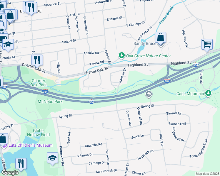 map of restaurants, bars, coffee shops, grocery stores, and more near 41 West Gardner Street in Manchester