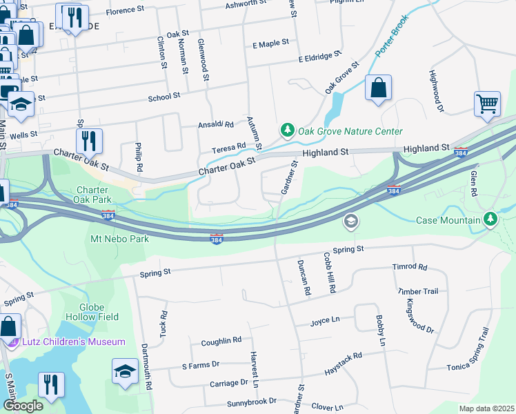 map of restaurants, bars, coffee shops, grocery stores, and more near 41 West Gardner Street in Manchester