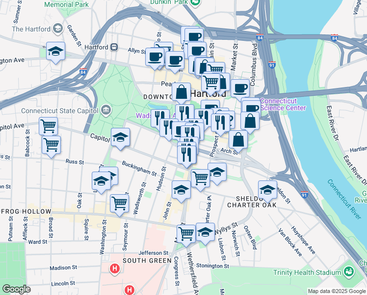 map of restaurants, bars, coffee shops, grocery stores, and more near 100 Wells Street in Hartford