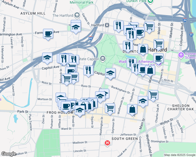 map of restaurants, bars, coffee shops, grocery stores, and more near 231 Capitol Avenue in Hartford