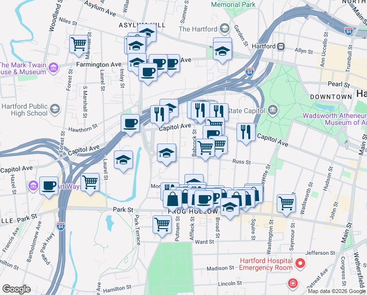 map of restaurants, bars, coffee shops, grocery stores, and more near 250 Putnam Street in Hartford