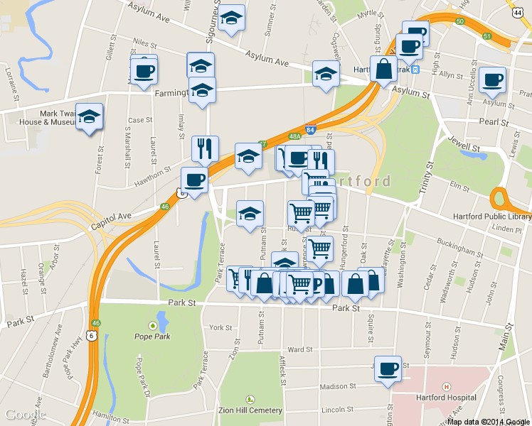 map of restaurants, bars, coffee shops, grocery stores, and more near 250 Putnam Street in Hartford