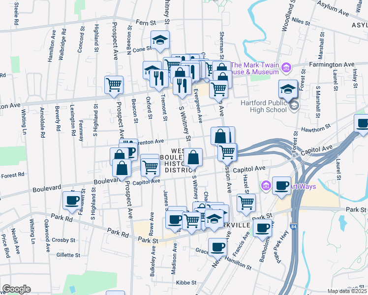 map of restaurants, bars, coffee shops, grocery stores, and more near 86 Warrenton Avenue in Hartford