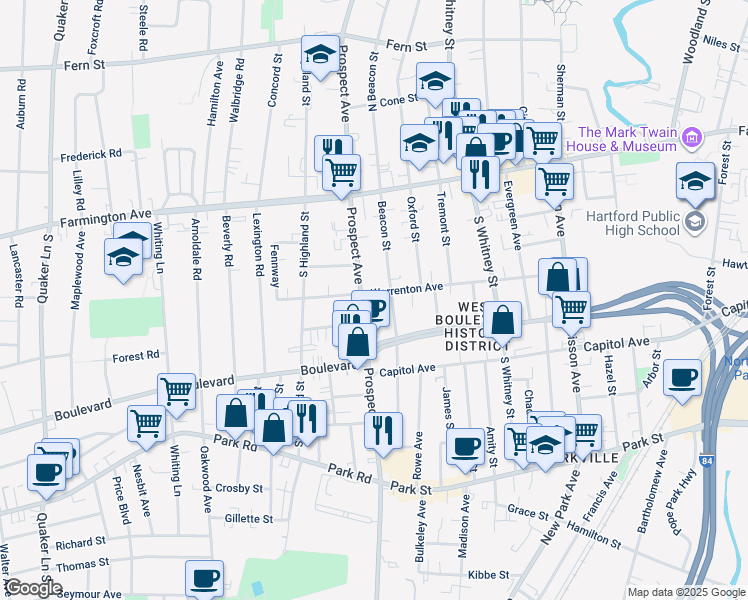map of restaurants, bars, coffee shops, grocery stores, and more near 526 Prospect Avenue in Hartford