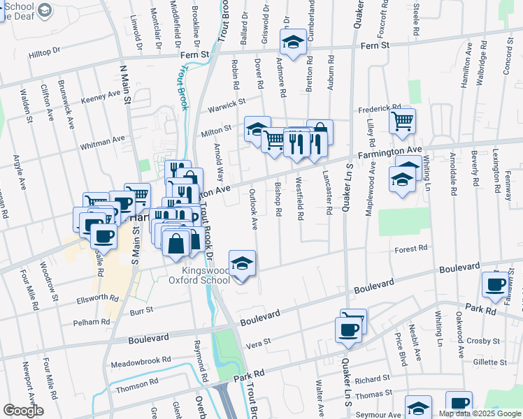 map of restaurants, bars, coffee shops, grocery stores, and more near 19 Outlook Avenue in West Hartford