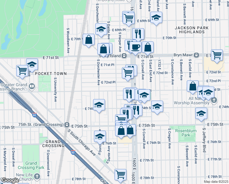 map of restaurants, bars, coffee shops, grocery stores, and more near 1511 East 72nd Place in Chicago