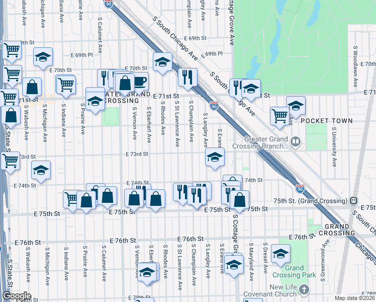 map of restaurants, bars, coffee shops, grocery stores, and more near 7231 South Champlain Avenue in Chicago