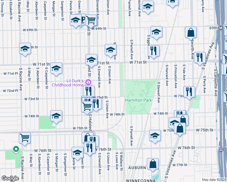 map of restaurants, bars, coffee shops, grocery stores, and more near 7210 South Lowe Avenue in Chicago