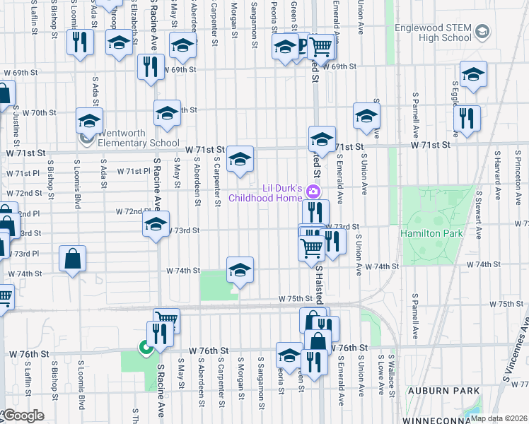 map of restaurants, bars, coffee shops, grocery stores, and more near 7204 South Sangamon Street in Chicago