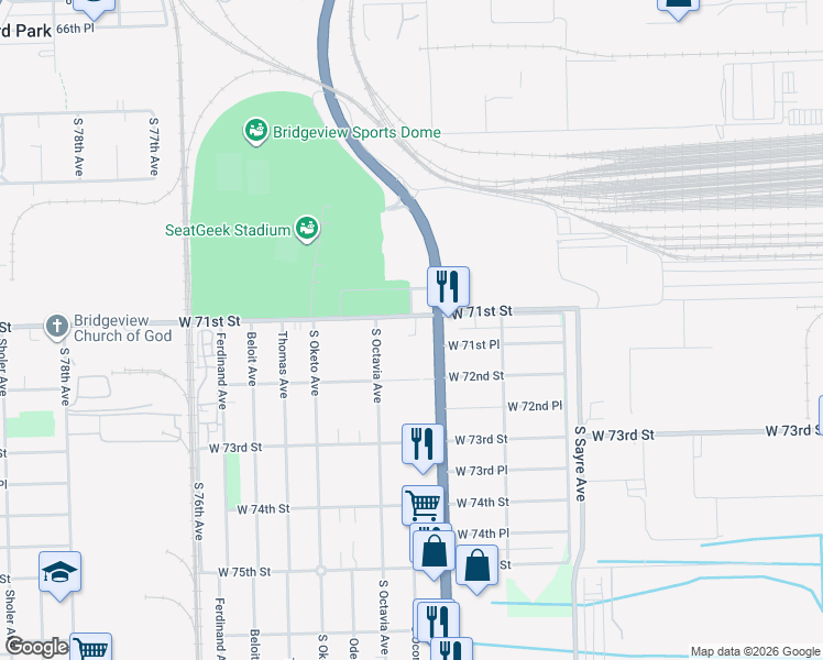 map of restaurants, bars, coffee shops, grocery stores, and more near 7100 South Harlem Avenue in Bridgeview