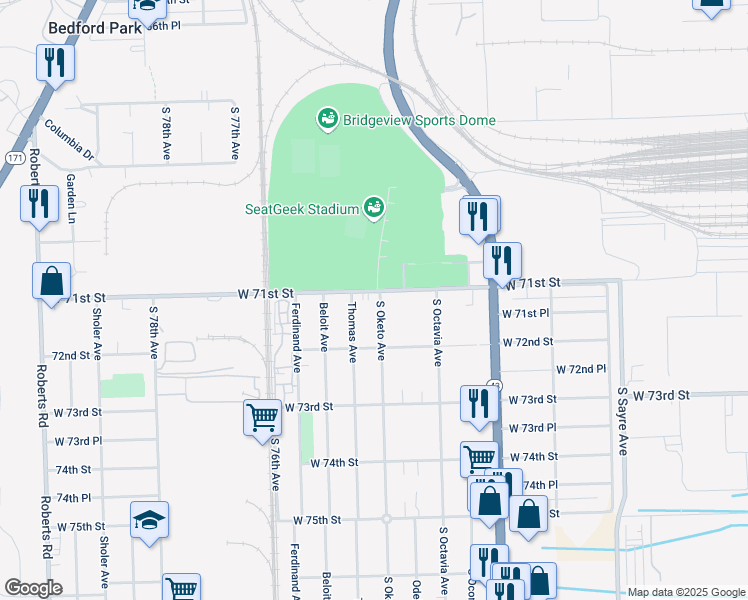 map of restaurants, bars, coffee shops, grocery stores, and more near 7300 West 71st Street in Bridgeview