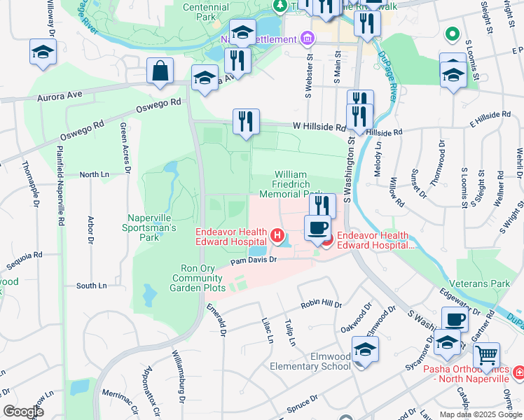map of restaurants, bars, coffee shops, grocery stores, and more near in Naperville