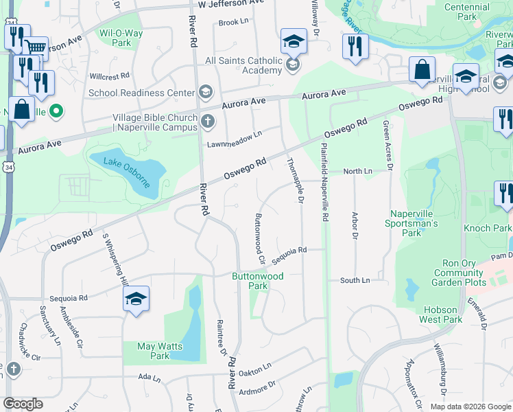 map of restaurants, bars, coffee shops, grocery stores, and more near 617 Joshua Court in Naperville