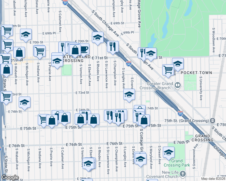 map of restaurants, bars, coffee shops, grocery stores, and more near 7231 South Champlain Avenue in Chicago