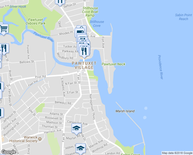 map of restaurants, bars, coffee shops, grocery stores, and more near 2 East View Street in Warwick