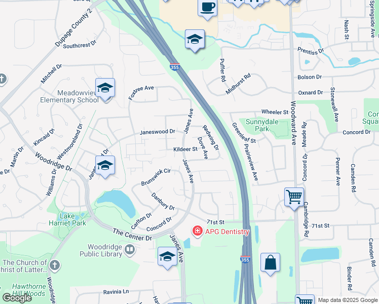 map of restaurants, bars, coffee shops, grocery stores, and more near 2395 Kildeer Street in Woodridge