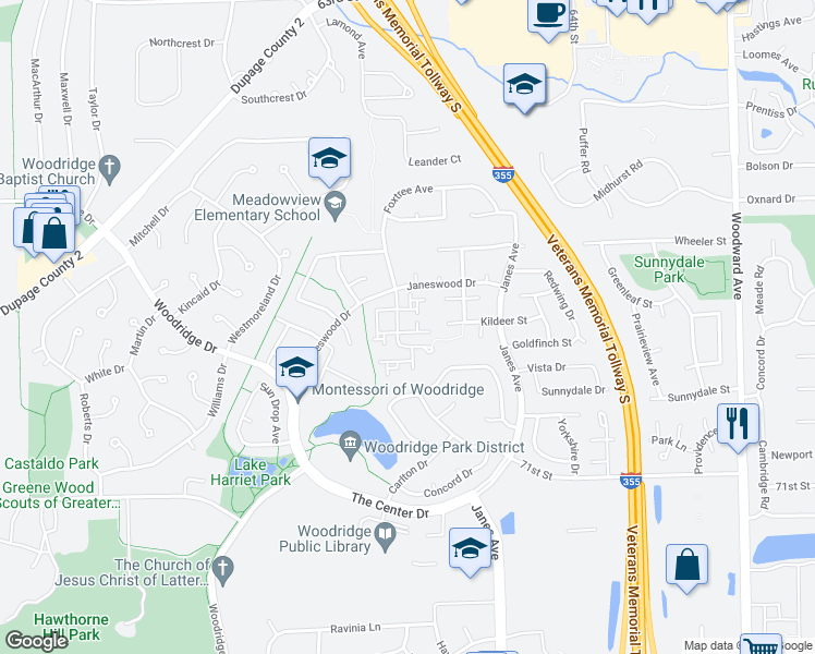 map of restaurants, bars, coffee shops, grocery stores, and more near 12 Scarlet Hawthorne Court in Woodridge