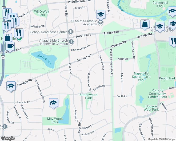 map of restaurants, bars, coffee shops, grocery stores, and more near 617 Joshua Court in Naperville