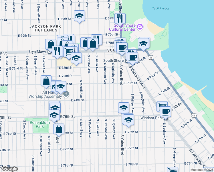 map of restaurants, bars, coffee shops, grocery stores, and more near 7247 South Crandon Avenue in Chicago