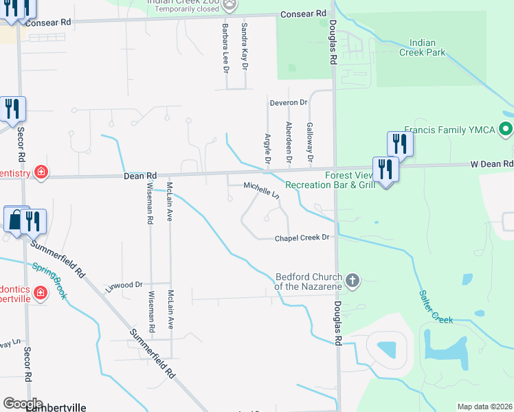 map of restaurants, bars, coffee shops, grocery stores, and more near 8176 Michelle Lane in Lambertville