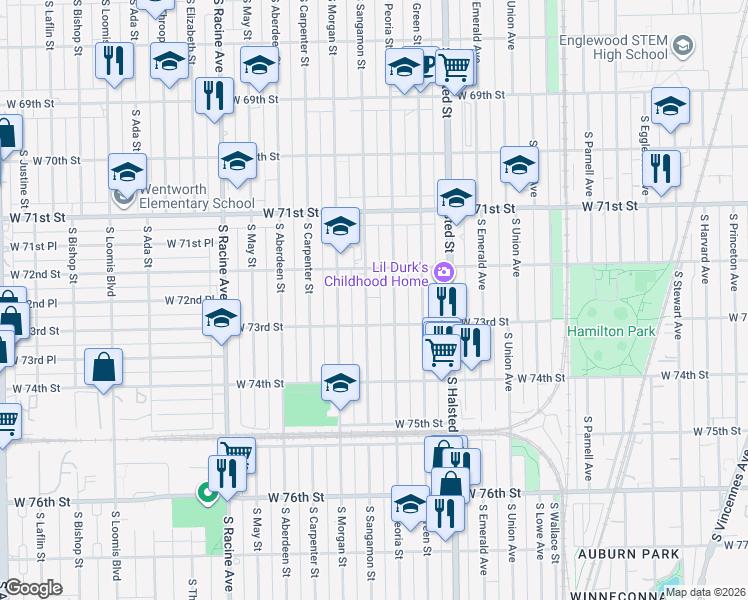 map of restaurants, bars, coffee shops, grocery stores, and more near 7204 South Sangamon Street in Chicago