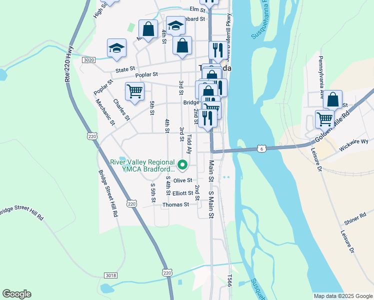 map of restaurants, bars, coffee shops, grocery stores, and more near 608 Tidd Alley in Towanda