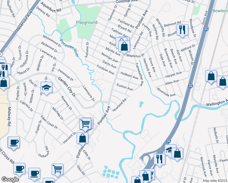 map of restaurants, bars, coffee shops, grocery stores, and more near 3 Euston Avenue in Cranston