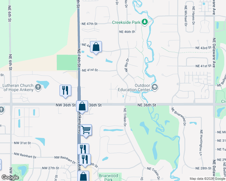 map of restaurants, bars, coffee shops, grocery stores, and more near 3807 Northeast Marissa Lane in Ankeny