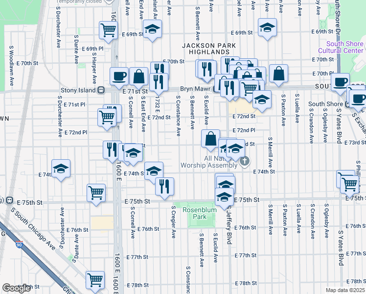 map of restaurants, bars, coffee shops, grocery stores, and more near 7249 South Constance Avenue in Chicago