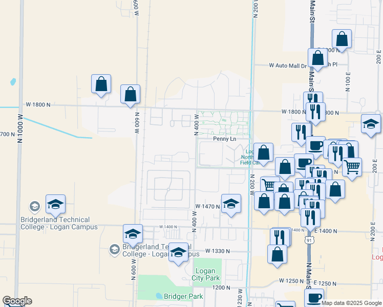 map of restaurants, bars, coffee shops, grocery stores, and more near 425 Greenview Loop in Logan