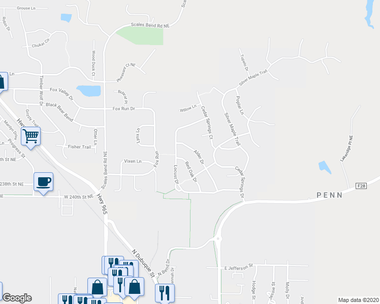 map of restaurants, bars, coffee shops, grocery stores, and more near 1529 Adler Drive in North Liberty