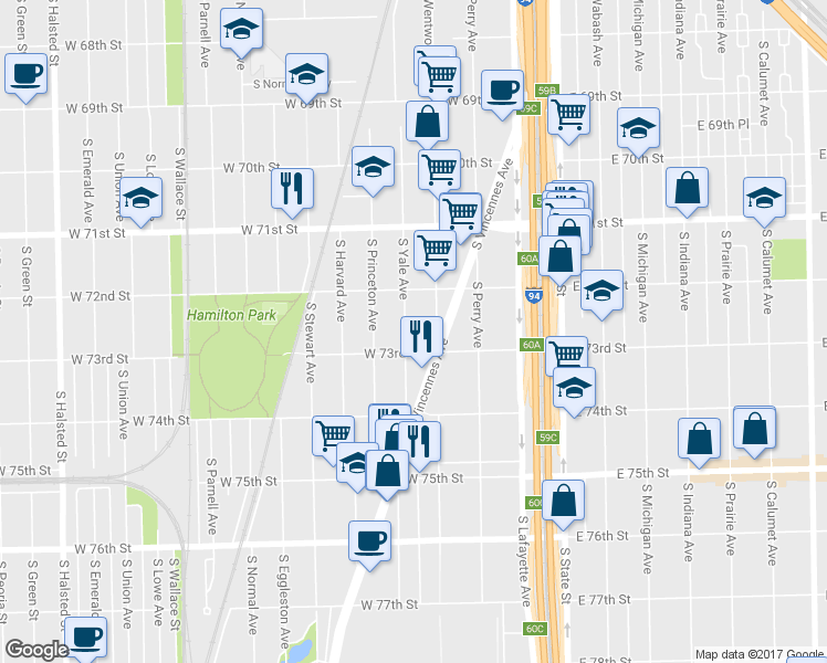 map of restaurants, bars, coffee shops, grocery stores, and more near 7241 South Yale Avenue in Chicago