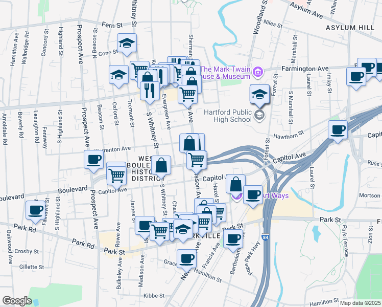map of restaurants, bars, coffee shops, grocery stores, and more near 149 Sisson Avenue in Hartford
