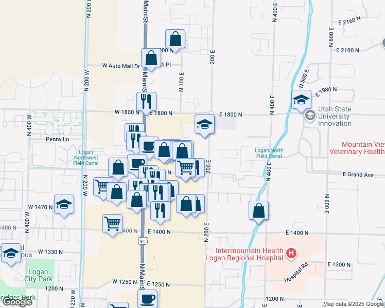 map of restaurants, bars, coffee shops, grocery stores, and more near 1655 North 200 East in North Logan