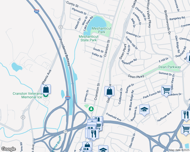 map of restaurants, bars, coffee shops, grocery stores, and more near 14 Walker Street in Cranston