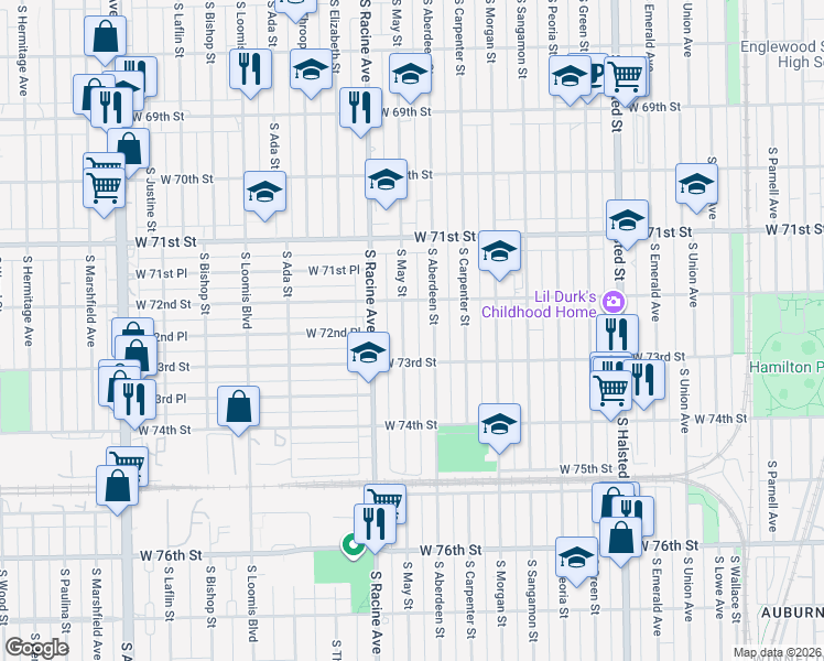 map of restaurants, bars, coffee shops, grocery stores, and more near 7205 South May Street in Chicago